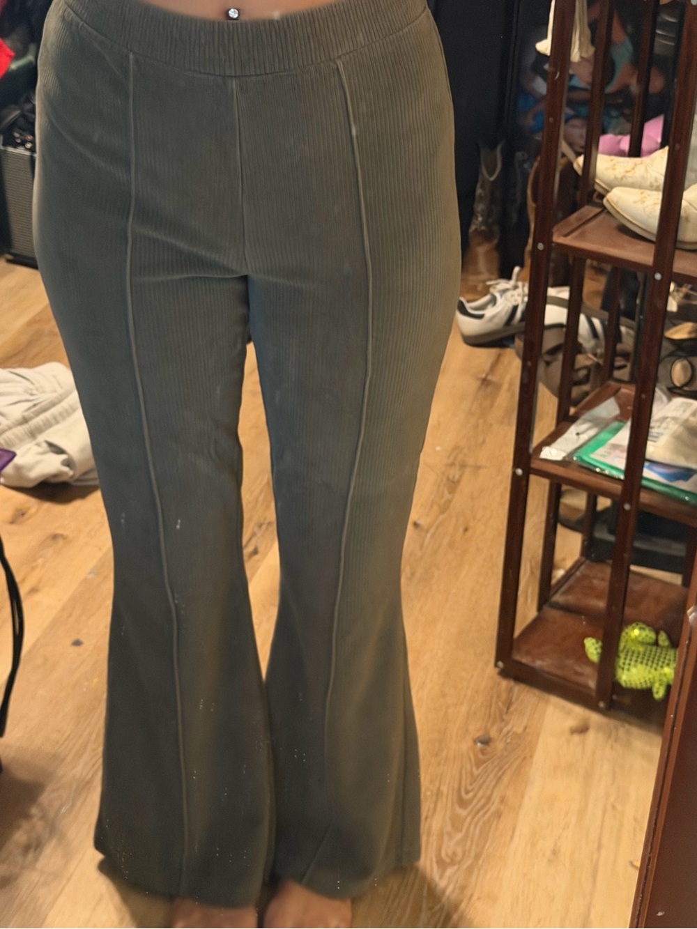 aerie Olive Ribbed High-Rise Flare Pants - Picture 3 of 3